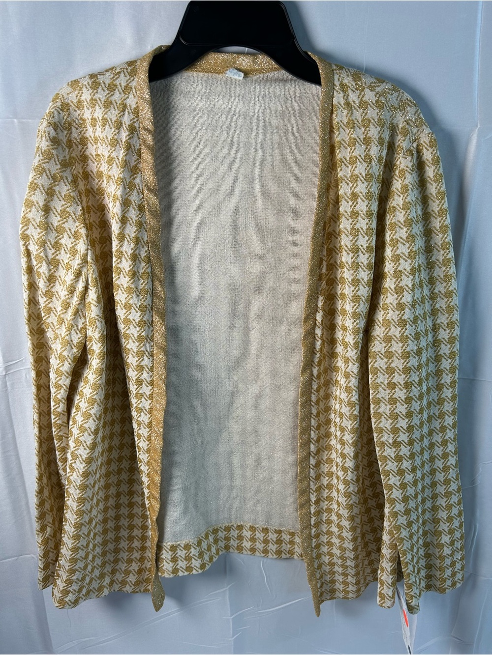 Vintage Lurex Houndstooth Gold & Cream Open-Front Knit Blazer In Size 12